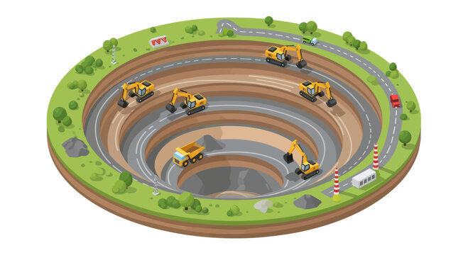Open pit mine with heavy machinery and layered earth cross-section.