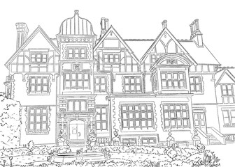 Fototapeta premium Castle Roof Estate Outline vintage building drawing pencil sketch line art illustration