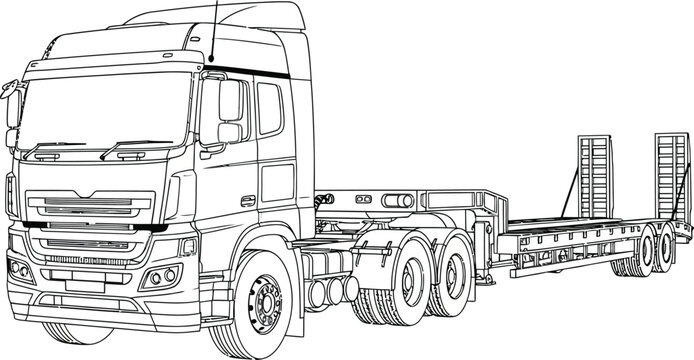 Black and white outline drawing of a heavy duty semi truck with a flatbed trailer.