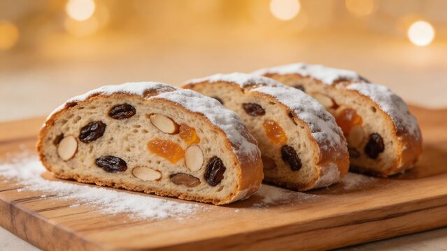 Sliced stollen bread with fruits and nuts