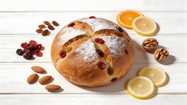 Round fruit bread with nuts and citrus