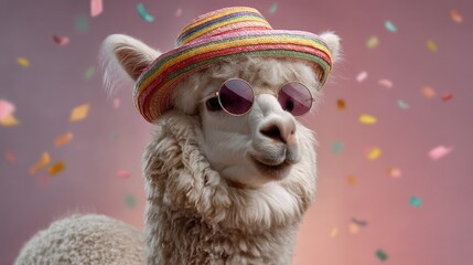 Fototapeta premium Fun and Stylish Alpaca Wearing Colorful Hat and Sunglasses Surrounded by Colorful Confetti in a Joyful and Playful Atmosphere