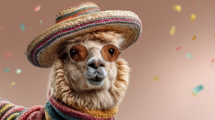 Fototapeta premium Stylish alpaca wearing a colorful shawl, round sunglasses, and a straw hat at a vibrant celebration with confetti falling in a festive atmosphere.