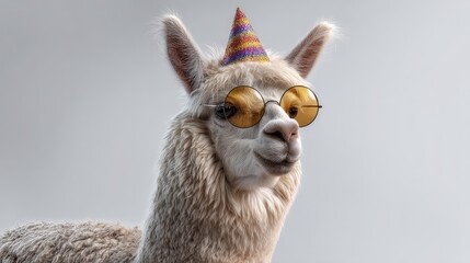 Obraz premium Cheerful llama wearing colorful party hat and round sunglasses, ready to celebrate, showcasing fun and joy in a whimsical atmosphere