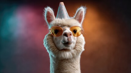 Fototapeta premium Playful Alpaca in Party Hat and Sunglasses Captures Fun and Celebration Vibes in Colorful Background with Soft Lighting for Unique Stock Photo