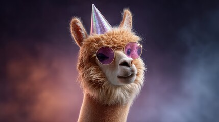 Obraz premium Adorable llama wearing party hat and stylish sunglasses enjoying a festive celebration in vibrant atmospheric setting with soft colored fog