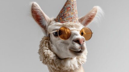 Obraz premium Cheerful llama wearing party hat and round sunglasses, celebrating with playful expression against a light grey background for festive atmosphere