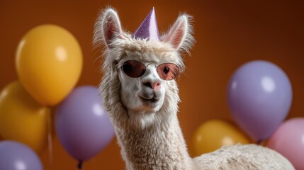 Fototapeta premium Adorable llama wearing party hat and sunglasses with colorful balloons in the background for festive celebration or birthday theme