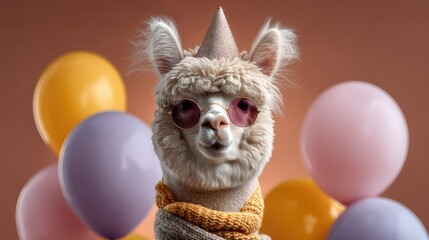 Fototapeta premium Whimsical Alpaca in Sunglasses with Birthday Hat Surrounded by Colorful Balloons on Textured Background for Celebratory Themes and Events