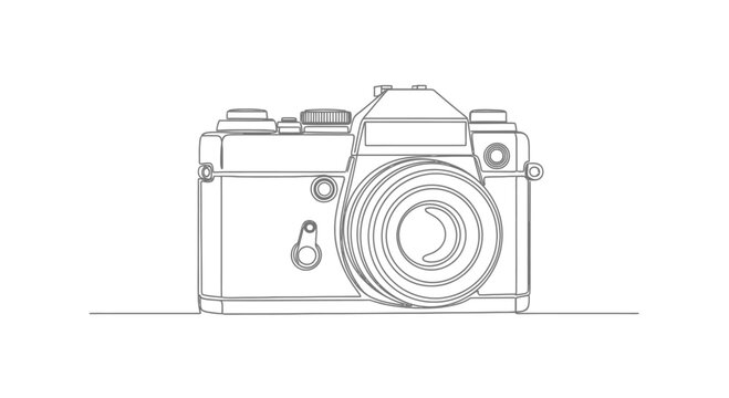 Minimalist outline drawing of a vintage camera on a white background