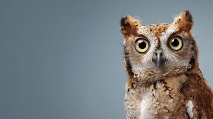 Fototapeta premium Close-Up Portrait of an Adorable Owl with Big Eyes Against a Soft Grey Background, Showcasing Natural Beauty and Intriguing Features