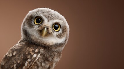 Obraz premium Curious owl with large eyes and detailed feathers perched on a subtle gradient background showcasing the beauty of wildlife in a natural setting