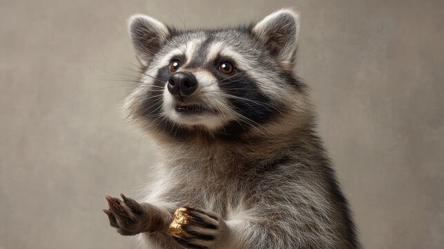 Cute raccoon holding a small piece of food and looking at the camera with a curious expression in a soft beige background setting