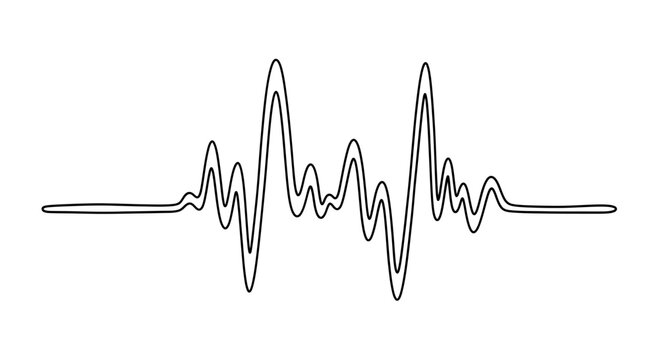 A black and white illustration of a sound wave or signal with two parallel lines creating peaks and troughs