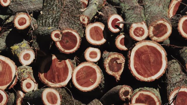 Detailed close up of cut logs showing tree rings and natural wood texture