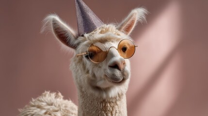 Fototapeta premium Adorable llama wearing party hat and sunglasses posing against pink background, perfect for fun celebrations and playful animal-themed projects