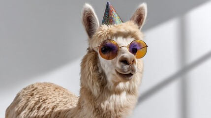 Fototapeta premium Playful Alpaca with Sunglasses and Party Hat in Bright Indoor Environment for Fun and Cheerful Celebrations