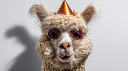 Fototapeta premium Playful and Stylish Alpaca Wearing Sunglasses and Party Hat, Perfect for Celebrations and Fun Events in a Bright Studio Setting