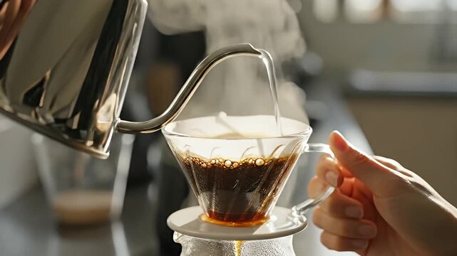 Hand pouring hot water into pour-over coffee dripper in kitchen