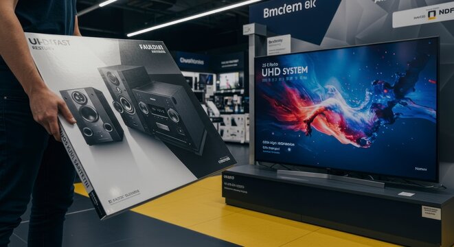 Modern home entertainment setup television sound system and display