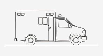 Minimalist line drawing of an ambulance vehicle with lights on roof © gudangPIXEL