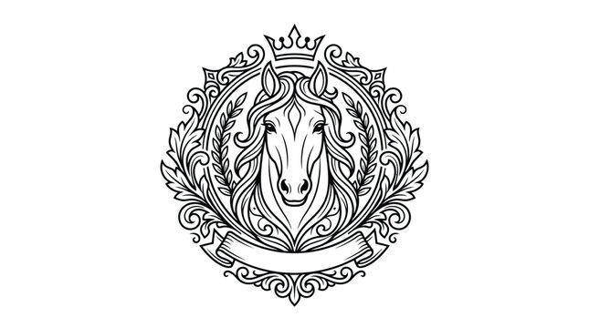 Black and white horse head logo.