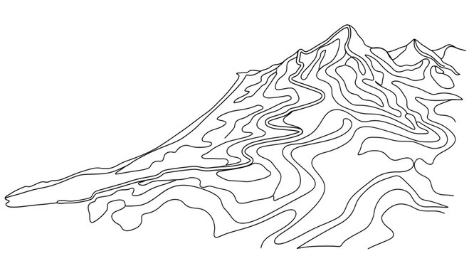 Abstract black and white illustration of a stylized mountain range with winding contour lines