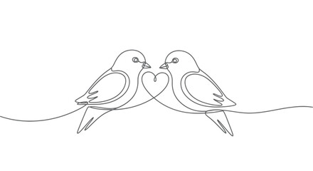 Fototapeta premium Two birds on a wire are connected by a heart shape, drawn with continuous lines