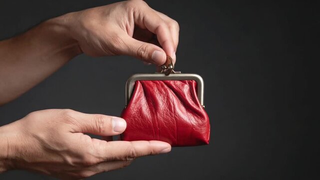 Person's hands holding a classic red coin purse on a dark background