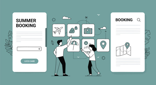 Summer booking, travel planning, web interface, mobile app design, icons