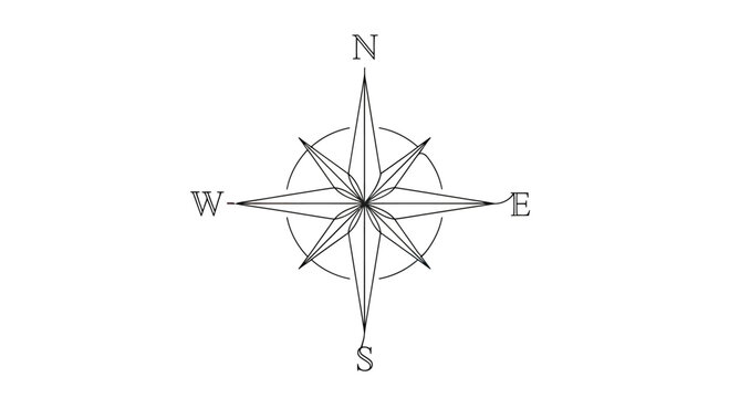 A stylized wind rose or compass with N, S, E, W markings and a circular frame