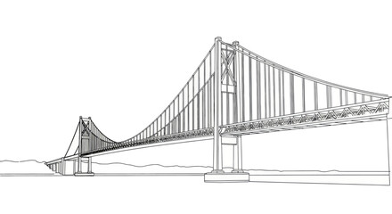 Fototapeta premium Ink sketch of a long suspension bridge arching over water with distant hills