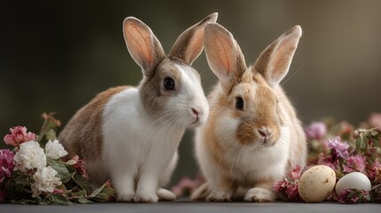Fototapeta premium Adorable rabbits surrounded by flowers and Easter eggs in a serene setting, perfect for spring photography and seasonal celebrations
