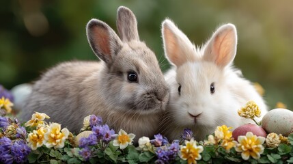 Fototapeta premium Adorable Rabbits Surrounded by Colorful Flowers and Easter Eggs in a Lush Garden Setting, Perfect for Spring and Animal Lovers