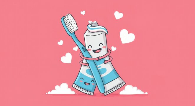 Cartoon toothbrush and toothpaste embrace with heart symbols on pink backdrop