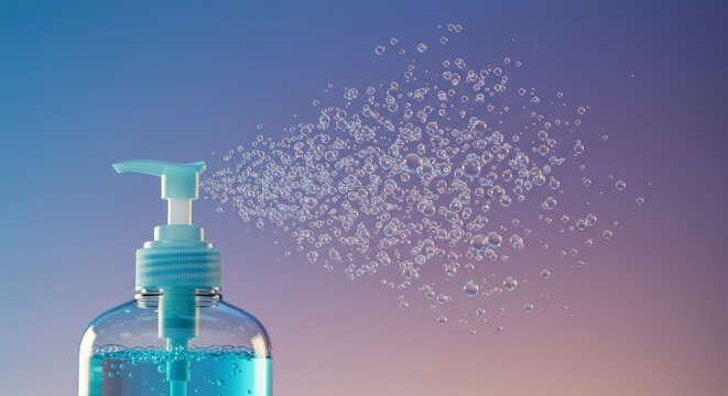 Hand sanitizer spray with clear liquid droplets against a colorful backdrop