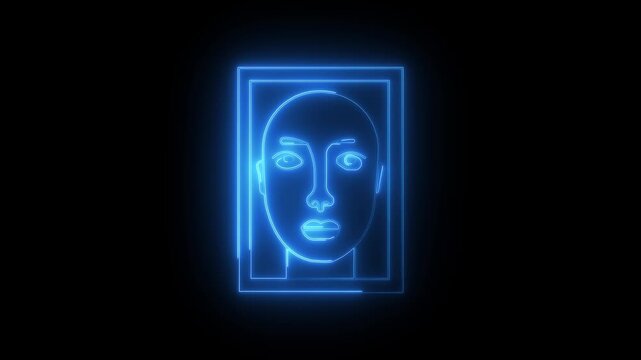 Glowing neon facial recognition scan frame animation showing human face outline inside digital scanning interface. Futuristic blue neon line design on dark background representing biometric.4k
