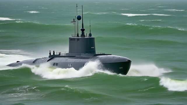 Military submarine navigating through rough green ocean waters