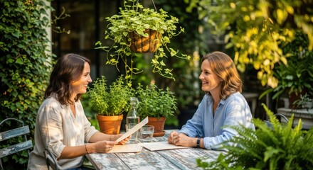Naklejka premium Two women collaborate on business documents while seated at an outdoor garden table.