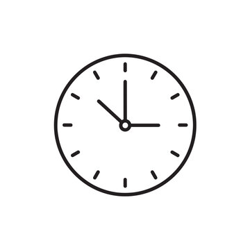 Minimalist analog wall clock icon showing three o clock. Professional black outline vector graphic for time concepts.