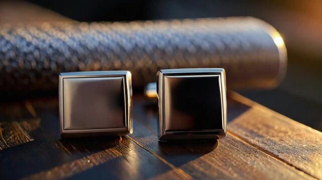 Elegant gold cufflinks on a polished wooden table with sun flare