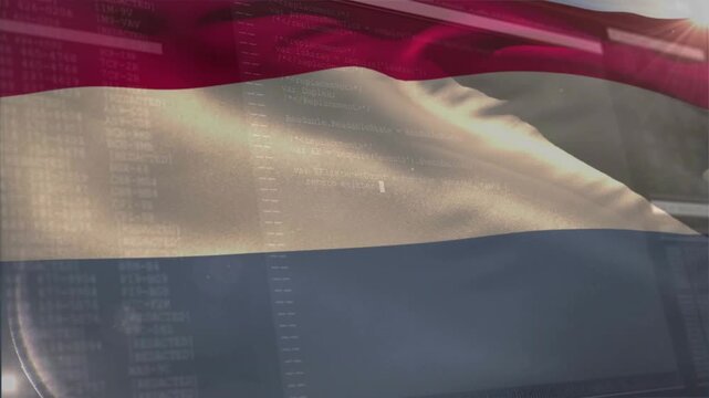 Wind starting, flag rippling on transparent backdrop, light shifting and data overlay revealing