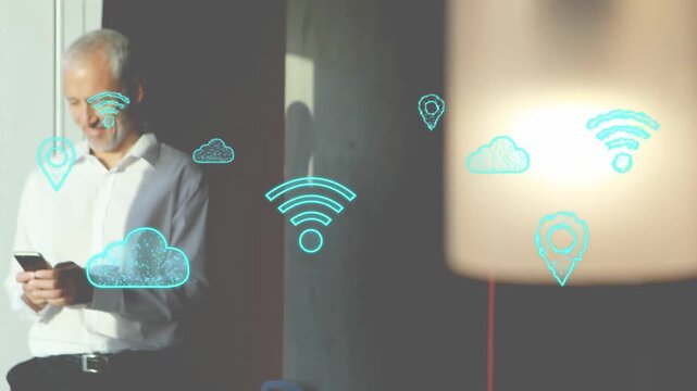 Turquoise Wi?Fi and cloud icons appearing, man coming into focus and tapping phone to connect