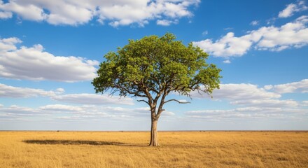 Fototapeta premium Majestic solitary tree stands tall in the vast African savanna under a bright blue sky with fluffy clouds.