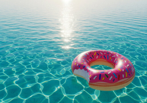 An inflatable donut-shaped swim ring in the pool reflects the summer atmosphere.