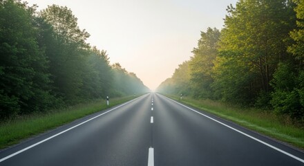 Fototapeta premium Open Road Through Lush Forest - A Journey into the Horizon Under a Bright Sky.