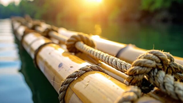 Close-up of bamboo raft on water at sunset with golden light