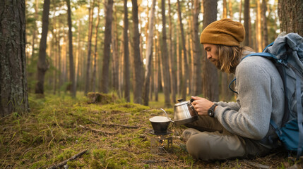 Fototapeta premium Morning Wilderness Coffee: Man Enjoys Sustainable Camping and Hiking Trip in Woodland Environment
