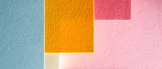 Fototapeta premium Multicolor abstract background with paper texture. Textured colored paper with Suprematist geometric shapes and lines.