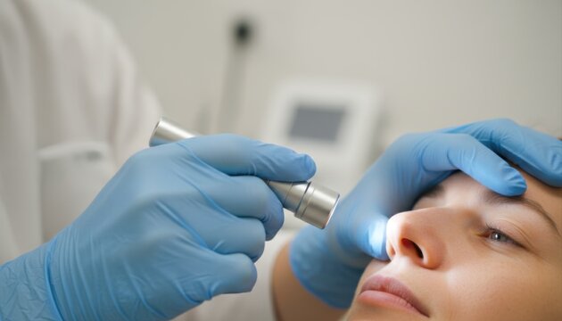 A medical professional wearing blue gloves is examining a patient's face with a penlight in a clinical setting.